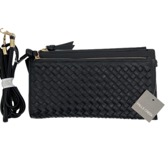 New Falls Creek Woven Crossbody Small Handbag Zip Top Credit Card Slots Black - Picture 1 of 10